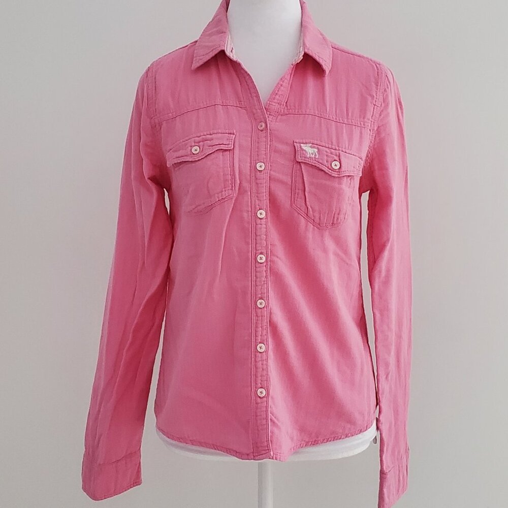 ABERCROMBIE & FITCH Women's Bubble Gum Pink Button Down Logo Shirt Stripe Lining